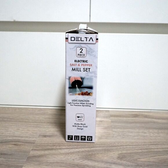 NEW! Delta Electric Salt and Pepper Grinder Mill Set Black and Rose Gold - Picture 2 of 6